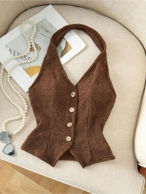 Brown Halter Knit Button-Front Women’s Top